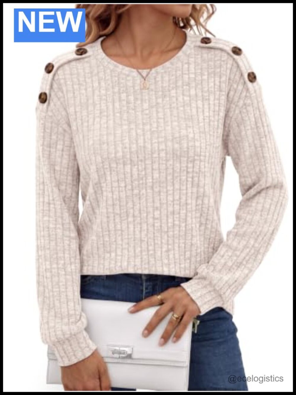 Long Sleeve Tunic Top with Shoulder Buttons Ribbed Knit Pullover Layering